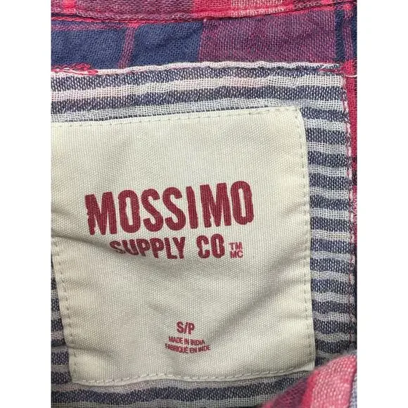 Mossimo Supply Button Up Pink Plaid‎ Shirt Top Blouse Elbow Patch S Country Gorp - Picture 4 of 9